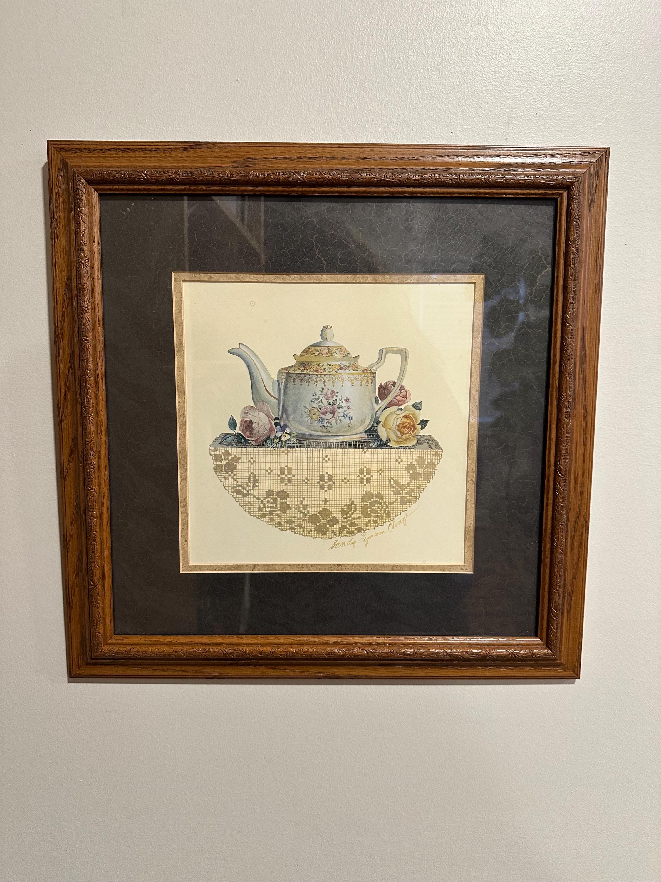SandyLynam Cloughヴィンテージティーカップアート額装マット付き4 Vintage Framed Teapot Art by Artist Sandy Lynam Clough, Vintage