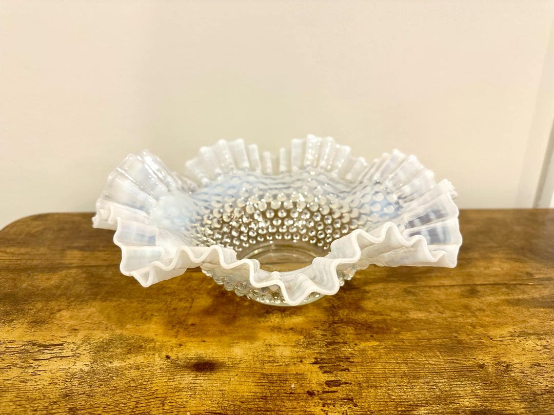 Large Fenton Blue Opalescent Hobnail Ruffled Rim Art Glass Bowl - Etsy