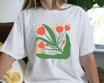 Modern Tulip Floral Shirt: Retro Botanical Art Graphic Tee