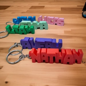 May include: A set of colorful 3D printed keychains with names spelled out. The names are John, Emma, Lucas, Liam, Avery, and Nathan. The keychains are made of a soft, flexible material and are perfect for adding a personal touch to your keys.