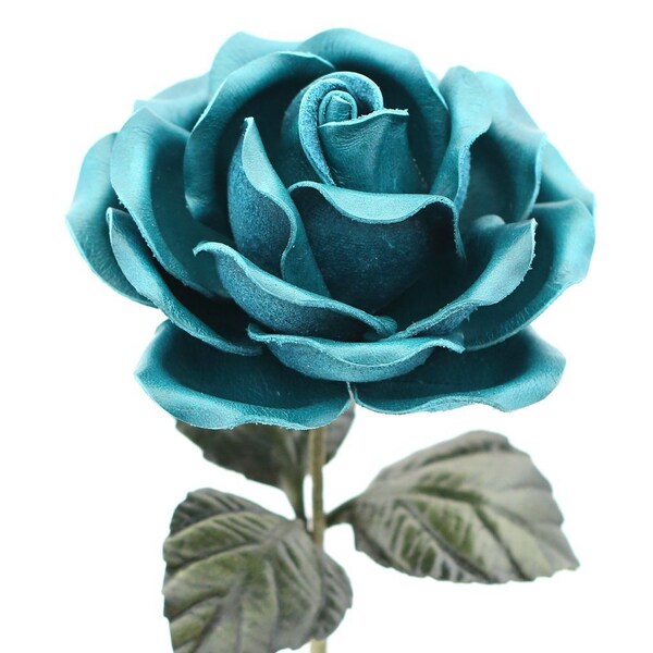 Leather Rose Teal Blue Leather Flower Personalized Third Anniversary 3rd Leather Anniversary Ninth Wedding Gift Long Stem Rose Sofia