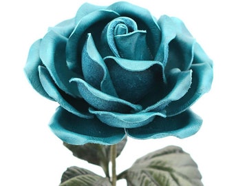 Leather Rose Teal Blue Leather Flower Personalized Third Anniversary 3rd Leather Anniversary Ninth Wedding Gift Long Stem Rose Sofia