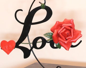 Red Leather Rose Third 3rd Leather Wedding Anniversary Gift Long Stem Leather Flower on Black Iron Stand 3rd Valentine's Personalized