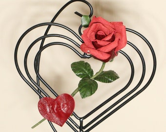 Red Leather Rose Third 3rd Leather Wedding Anniversary Gift Long Stem Leather Flower on Stand 3rd Valentine's Personalized Heart