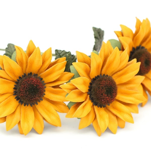 Three leather sunflower bouquet long stem yellow leather flowers third anniversary leather anniversary wedding gift ninth 3rd anniversary