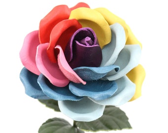 Rainbow Leather Rose Personalized 3rd Leather Anniversary Gift Long Stem Leather Flower Third Wedding  Gift Valentine's Day Mother's Day