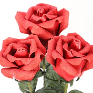 Leather Anniversary  Leather Rose bright red third Anniversary wedding gift Long Stem leather flower Valentine&#39;s Day 3rd  Mother&#39;s Day