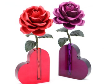 Leather Rose With Heart Vase Purple Red Flower Third Wedding Anniversary Gift Long Stem Flower Valentine's Day 3rd Leather Anniversary