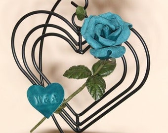 Leather Rose Third 3rd Leather Wedding Anniversary Gift Long Stem Teal Leather Flower on Stand 3rd Valentine's Personalized Heart