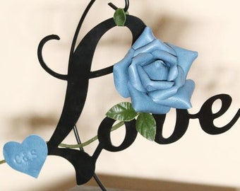 Third 3rd Leather Wedding Anniversary Gift Blue Leather Rose Long Stem Leather Flower on Iron Stand 3rd Valentine's Personalized