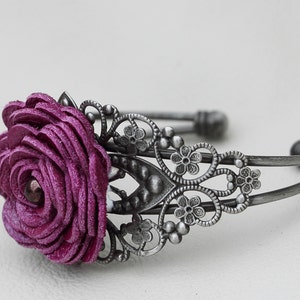 Flower leather bracelet floral cuff bracelet purple leather jewelry wedding jewelry mixed media jewelry silver metal lace bracelet prom image 3