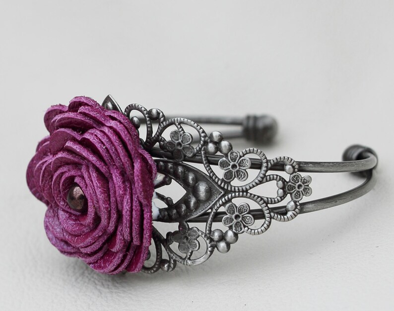 Flower leather bracelet floral cuff bracelet purple leather jewelry wedding jewelry mixed media jewelry silver metal lace bracelet prom image 3