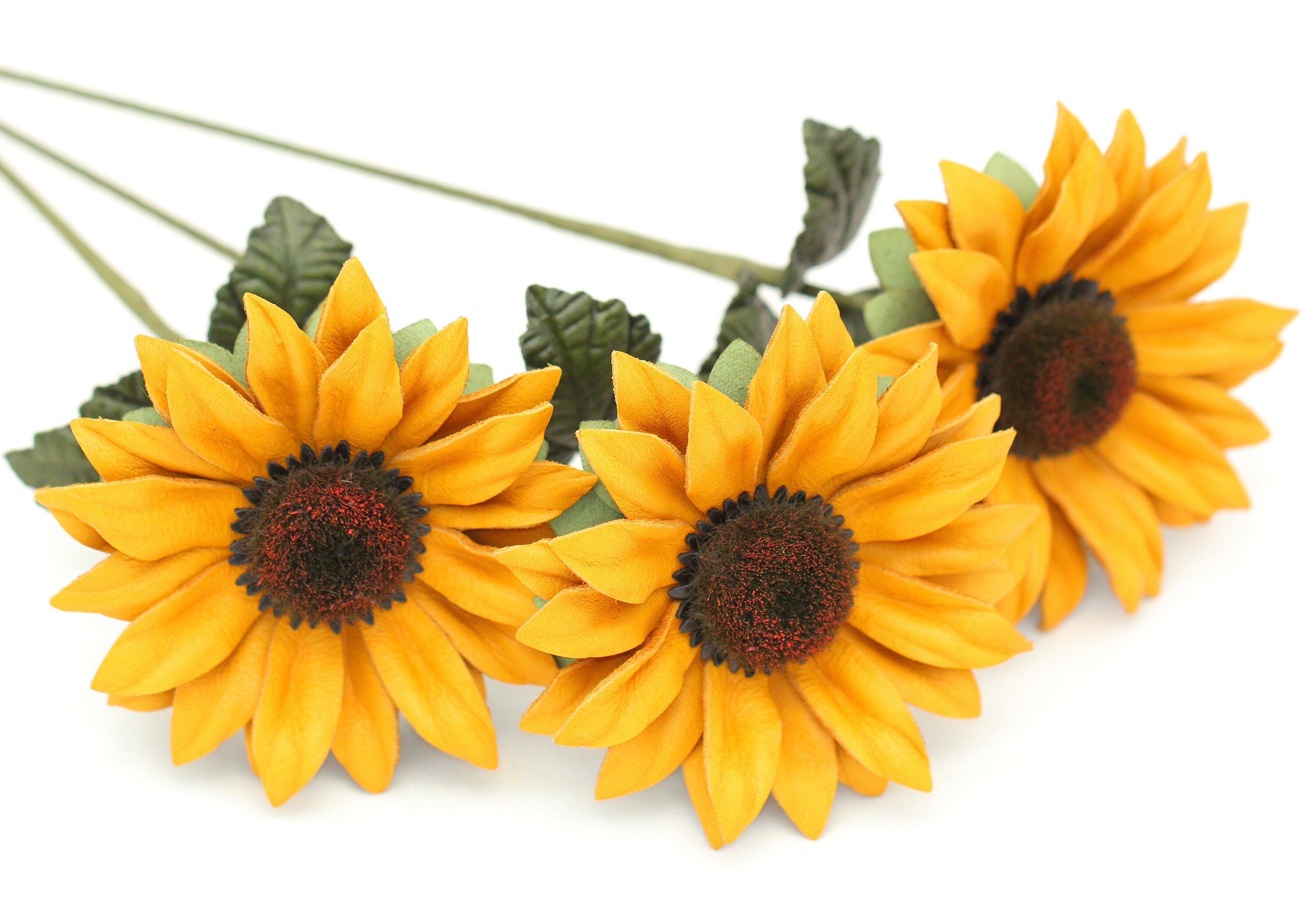Leather sunflower in glass dome golden yellow long stem flower third anniversary gift for her