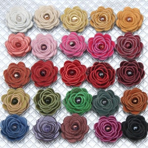 3 leather rose bobby pins, summer hair flower accessory red yellow white cream green blue black brown hot pink image 2