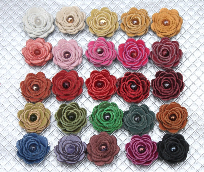 3 leather rose bobby pins, summer hair flower accessory red yellow white cream green blue black brown hot pink image 2