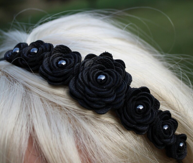 Black flower headband leather roses on black metal hairband Etsy