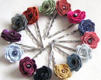 3 leather rose bobby pins, summer hair flower accessory red yellow white cream green blue black brown hot pink