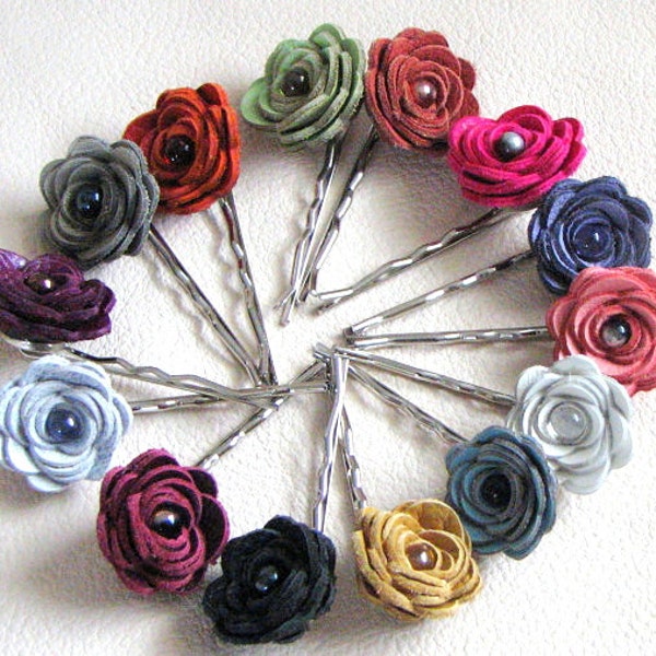 3 leather rose bobby pins, summer hair flower accessory red yellow white cream green blue black brown hot pink