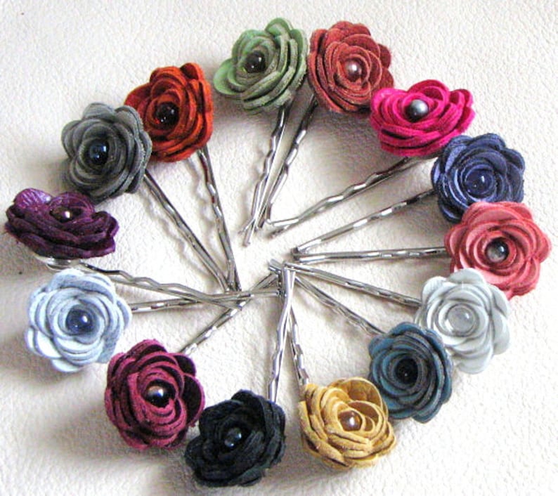 3 leather rose bobby pins, summer hair flower accessory red yellow white cream green blue black brown hot pink image 1