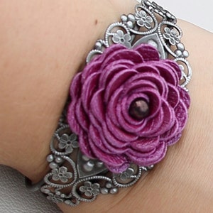 Flower leather bracelet floral cuff bracelet purple leather jewelry wedding jewelry mixed media jewelry silver metal lace bracelet prom image 1