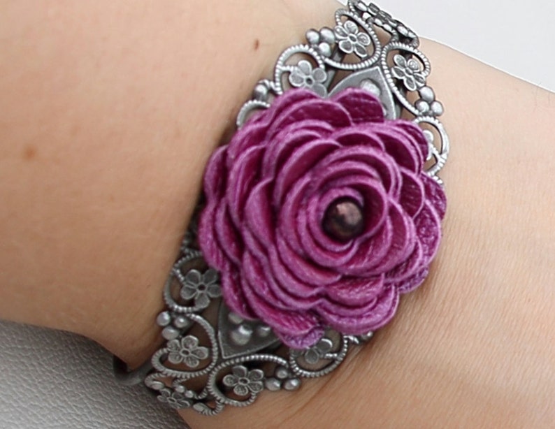 Flower leather bracelet floral cuff bracelet purple leather jewelry wedding jewelry mixed media jewelry silver metal lace bracelet prom image 1