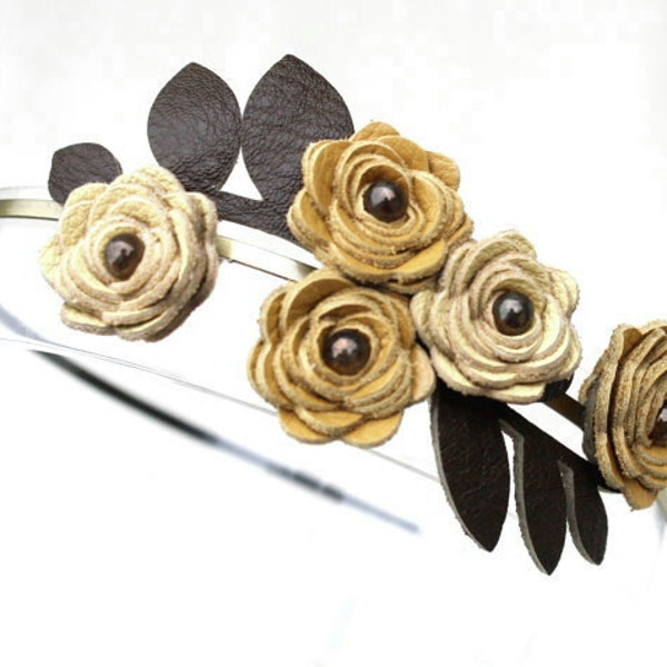 Leather flower headband, lemon and mustard yellow roses,moss green leaves hairband, flower tiara woodland wedding