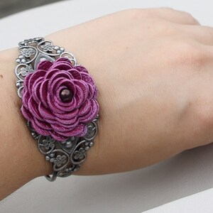 Flower leather bracelet floral cuff bracelet purple leather jewelry wedding jewelry mixed media jewelry silver metal lace bracelet prom image 4