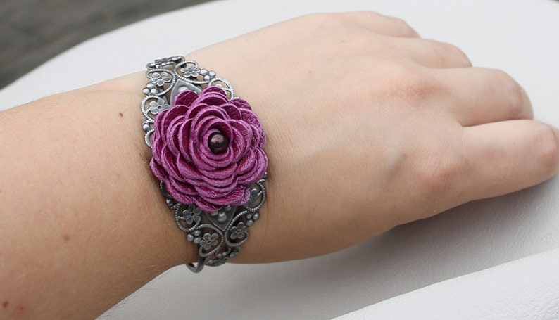 Flower leather bracelet floral cuff bracelet purple leather jewelry wedding jewelry mixed media jewelry silver metal lace bracelet prom image 4