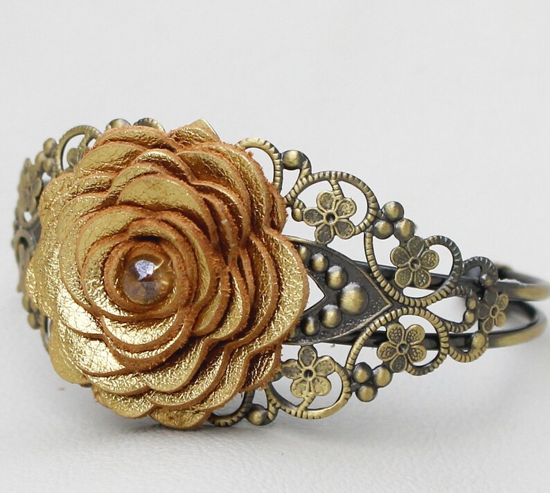 Flower Cuff Bracelet Gold Leather Rose/filigree Lace Etsy