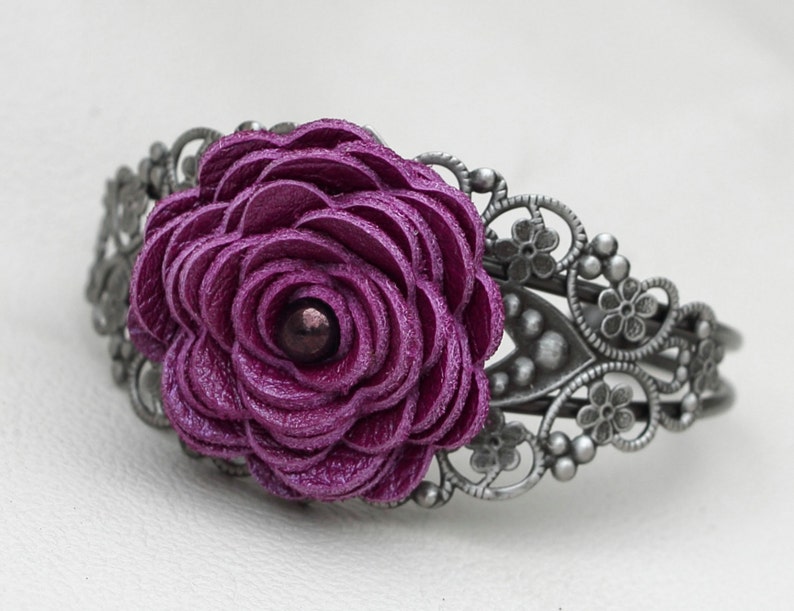 Flower leather bracelet floral cuff bracelet purple leather jewelry wedding jewelry mixed media jewelry silver metal lace bracelet prom image 2