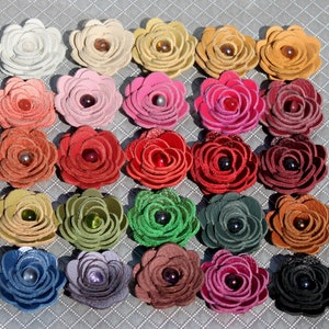 3 leather rose bobby pins, summer hair flower accessory red yellow white cream green blue black brown hot pink image 3