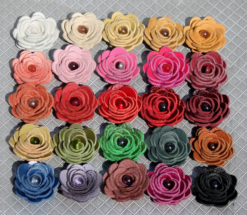 3 leather rose bobby pins, summer hair flower accessory red yellow white cream green blue black brown hot pink image 3