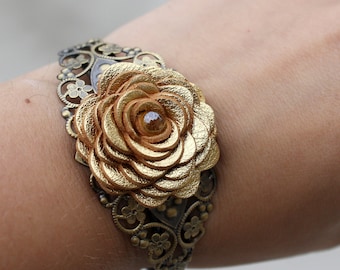 Flower Cuff Bracelet, Gold Leather Rose/Filigree Lace Detailing 3 year anniversary gift prom wearable art