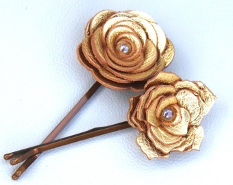 2 leather rose or poinsettia bobby pins, metallic gold 3 year anniversary gift prom wearable art