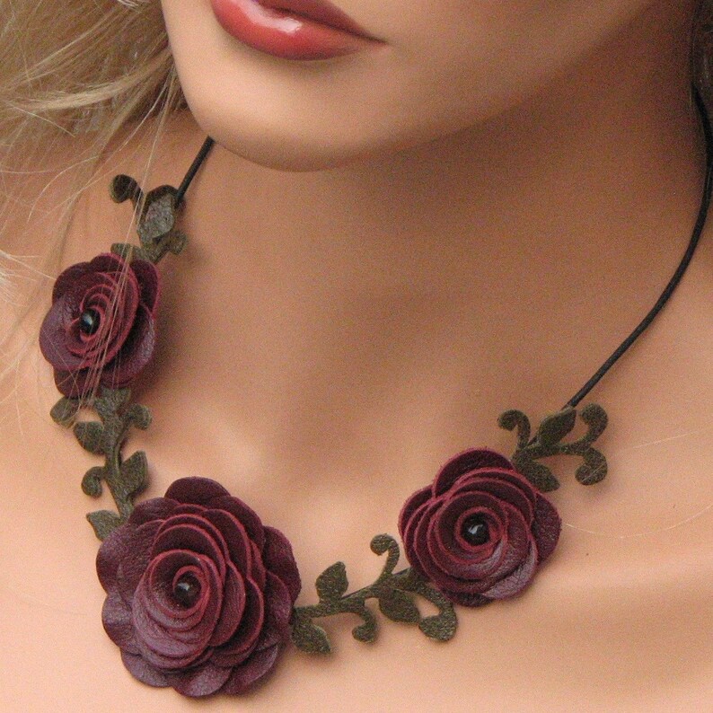 Flower necklace leather necklace choker burgundy roses leather Etsy