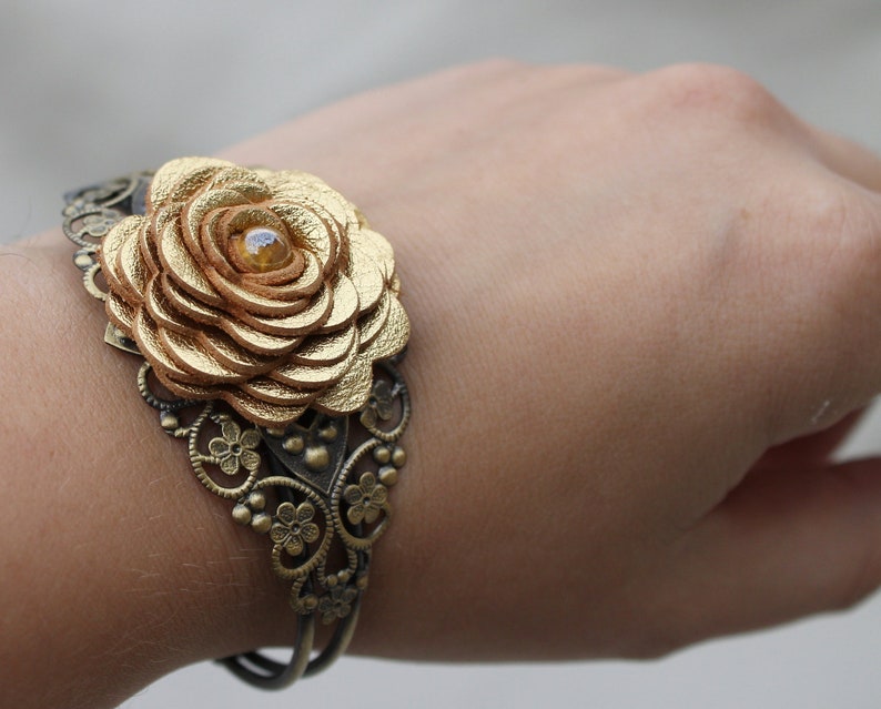 Flower Cuff Bracelet Gold Leather Rose/filigree Lace Etsy