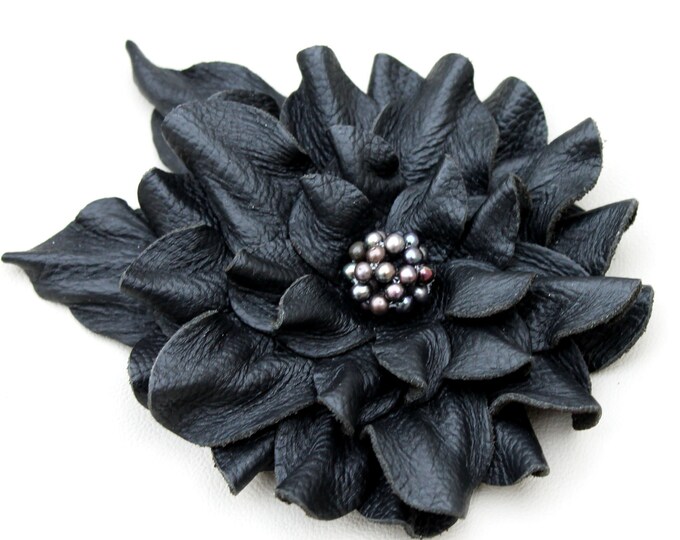 Black Flower Pin Leather Brooch With Freshwater Pearl Center 3 Etsy