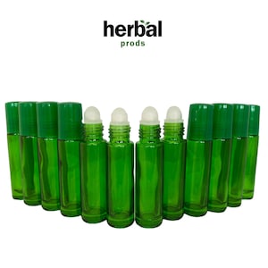 May include: A collection of green glass roll-on bottles with white rollerball applicators and matching green caps. The bottles are arranged in a semi-circle. The text "herbal prods" is printed in black above the bottles.