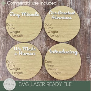 Baby Name Sign SVG Bundle – Newborn Announcement Sign Laser Cut Files – Baby Shower Keepsake Discs