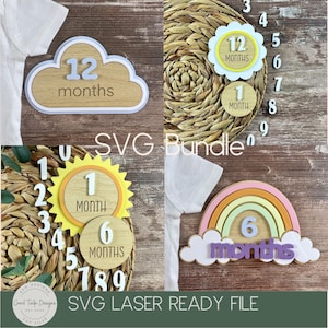 Pacote SVG Baby Milestone | Marcadores mensais em camadas com nuvens, arco-íris, sol e flores | Arquivos de corte digital para projetos em madeira e acrílico