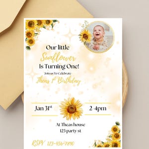 Our Sunflower Is Turning One Invitation | Editable Canva Template | Girl First Birthday