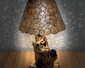 Handmade Oak & Elder Wood Table Lamp | Pinecone Accent