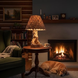 Op de afbeelding: Een rustieke tafellamp met een boomstamvoet en een textuurrijke lampenkap. De lamp staat op een ronde houten tafel. Een groene fauteuil en een open haard zijn zichtbaar. Een slapende golden retriever ligt op de vloer.