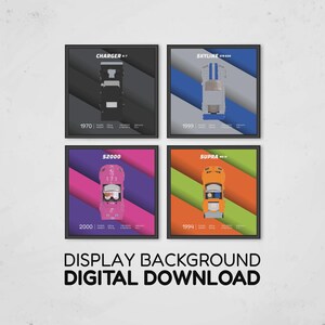 Fast & Furious Inspired Background Bundle | Charger, Skyline, S2000 en Supra | 4 Digital Downloads 25x25 cm | 76912, 76917, 77241 en 77260