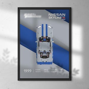 May include: Framed poster of a white and blue Nissan Skyline R34 model car, viewed from above. The poster includes the text "NISSAN SKYLINE R34" and specifications: 330 hp, 1539 kg, top speed 251 km/h, and 0-96 km/h in 4.8s.