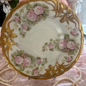 May include: A white porcelain plate with a gold rim and floral design. The plate features pink roses and green leaves. The gold rim has an ornate, stylized design. The plate is displayed on a pink surface.