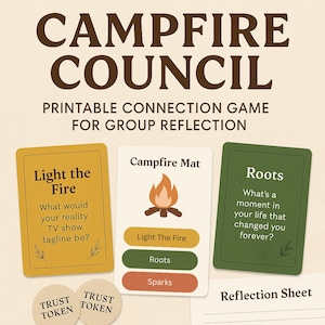Afdrukbare game Campfire Council | Groepsspel emotionele verbinding | Retraiteactiviteit | Therapie ijsbreker | Gesprekskaarten voor volwassenen