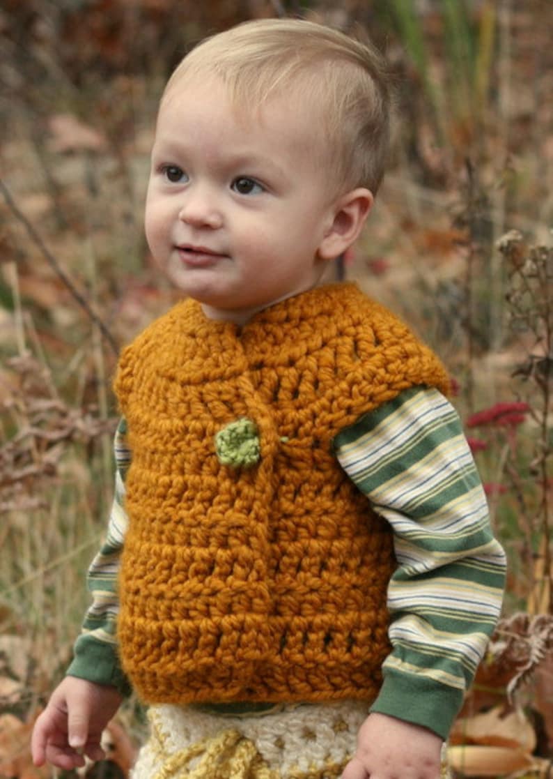 Instant PDF File For 9-12 Month Autumn Pumpkin Bulky Crossover Button Up Crochet Vest Pattern PDF image 1