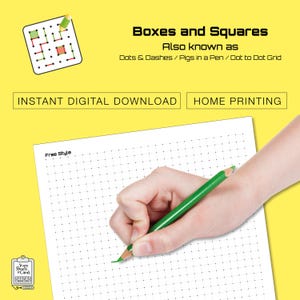 Puede incluir: Una mano dibuja con un lápiz verde sobre una hoja de papel blanca con una cuadrícula de puntos. La imagen incluye el texto "Boxes and Squares" y "Instant Digital Download". El papel está etiquetado como "Free Style".