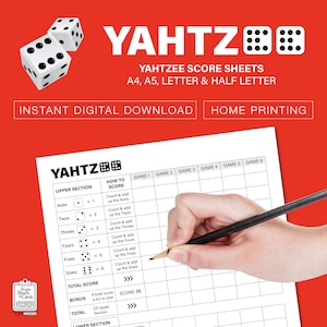 Yahtzee Printable Score Sheet - Dice Game. 10 Vibrant Colours. Instant Digital Download. PDF, A4, A5, Letter & Half Letter. Best Quality.